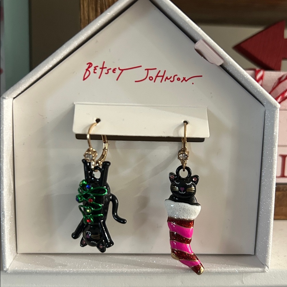 Betsey Johnson Festive Black and Pink Cat Earrings
